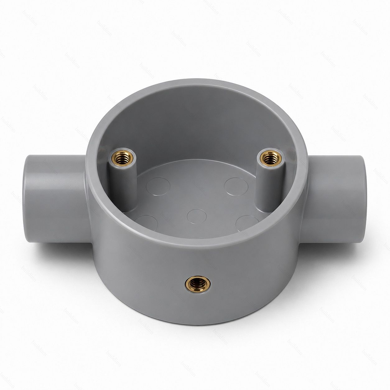 Grey Pvc Round Junction Box 2 Way Through With Brass Inserts