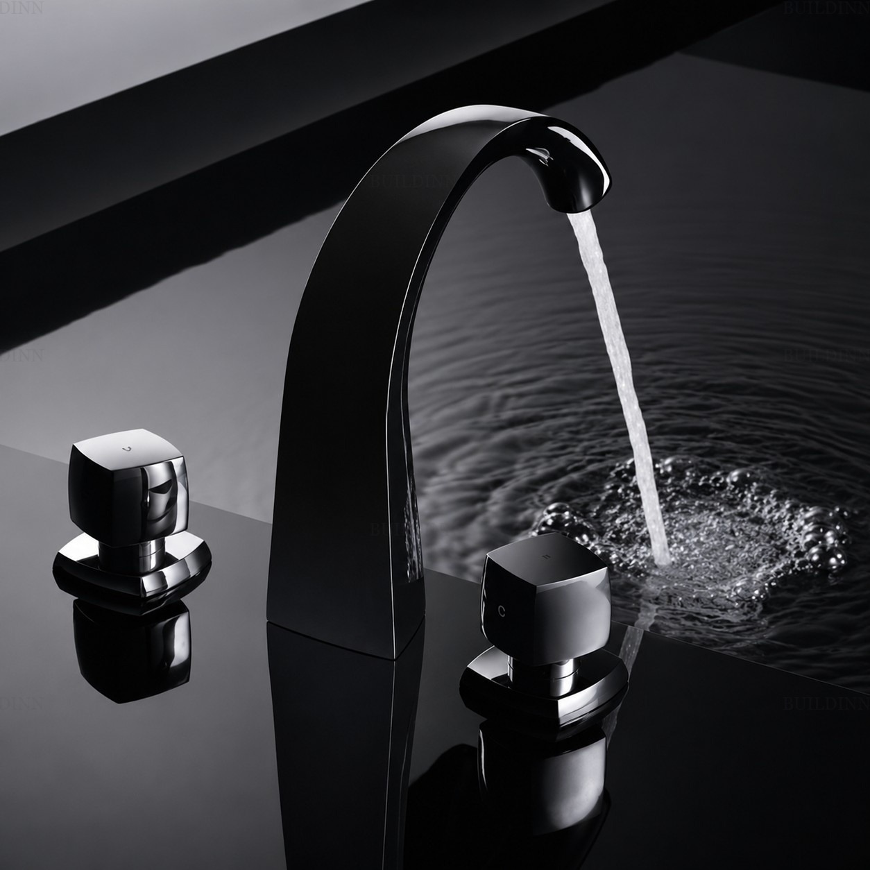 Premium 3 Hole Basin Mixer Tap | Dual Handle Deck Mounted Bathroom Faucet | Black Chrome Finish
